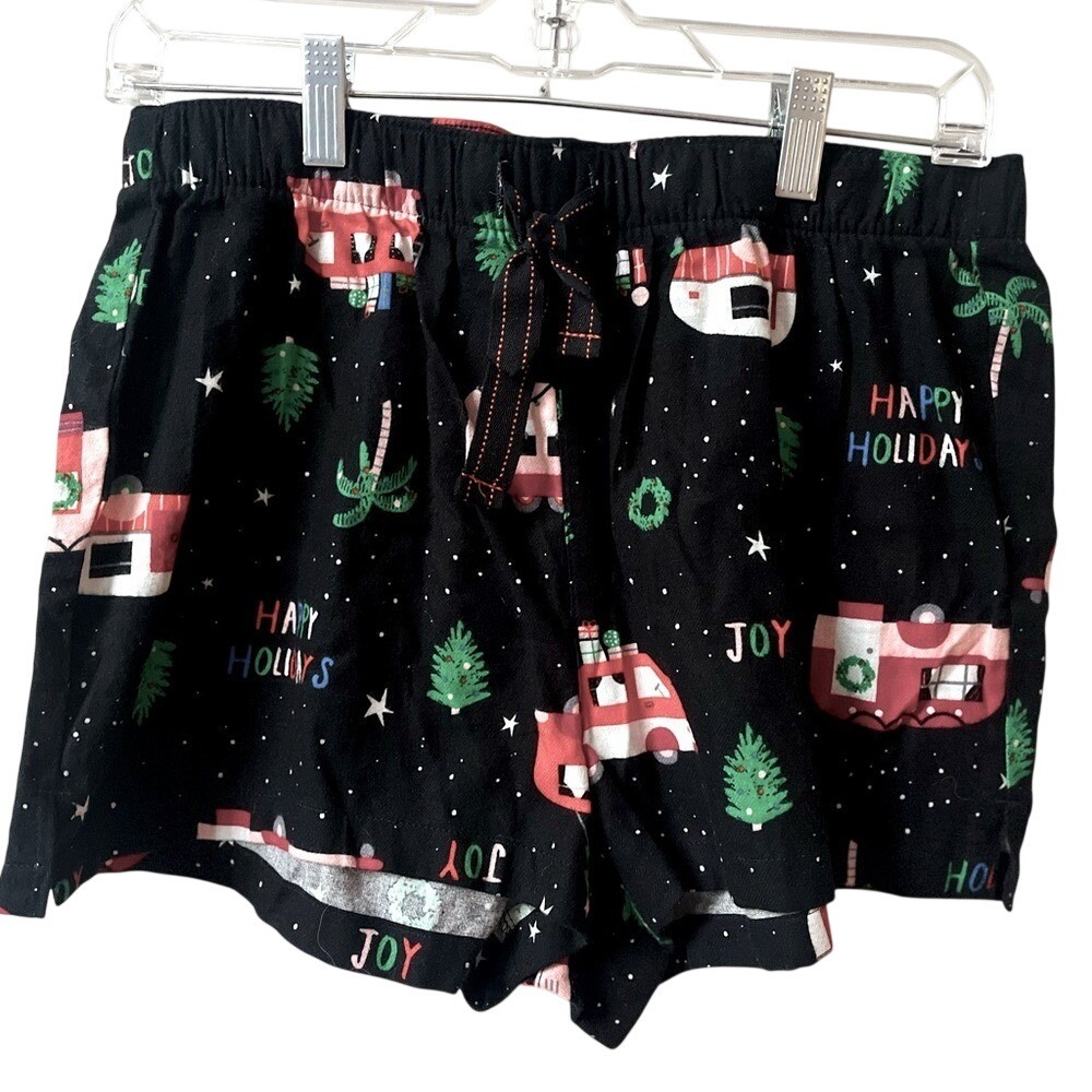 Old Navy Womens Black Holiday Pajama Shorts Cotton Flannel Drawstring NWOT Small